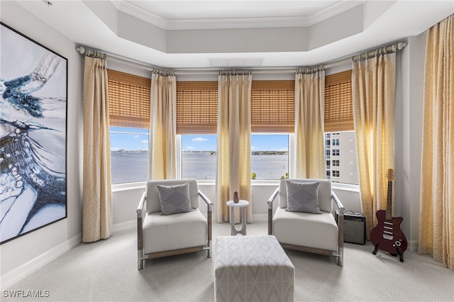 14270 Royal Harbour Ct Unit 920, Fort Myers, FL 33908 - living area featuring carpet floors, crown molding, a raised ceiling, baseboards, and a water view