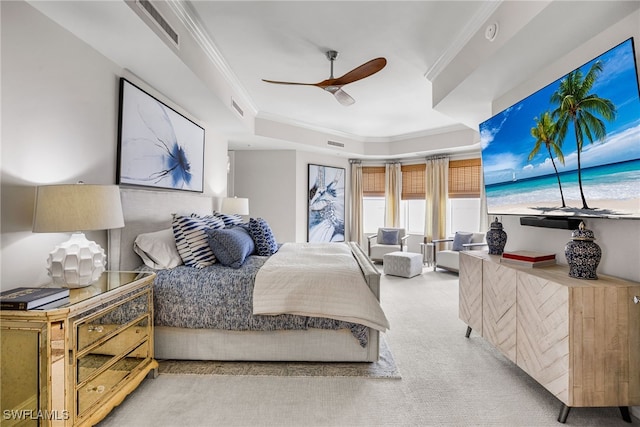 14270 Royal Harbour Ct Unit 920, Fort Myers, FL 33908 - bedroom with a tray ceiling, light carpet, crown molding, and ceiling fan