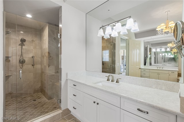 14270 Royal Harbour Ct Unit 920, Fort Myers, FL 33908 - full bathroom featuring a shower stall, vanity, a chandelier, healthy amount of natural light, and recessed lighting
