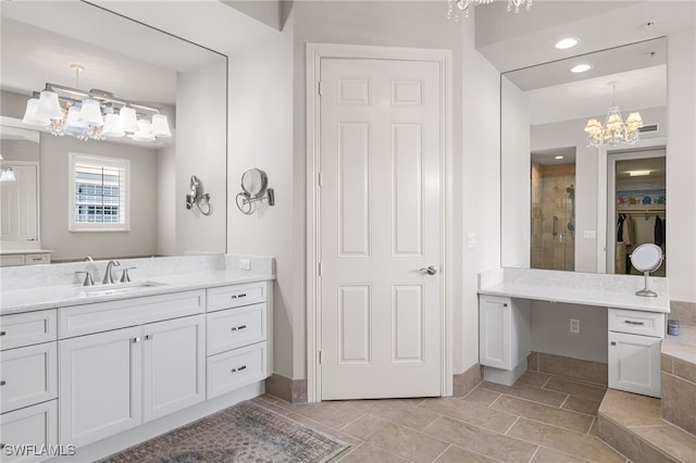14270 Royal Harbour Ct Unit 920, Fort Myers, FL 33908 - full bath with a chandelier, vanity, a stall shower, tile patterned flooring, and baseboards