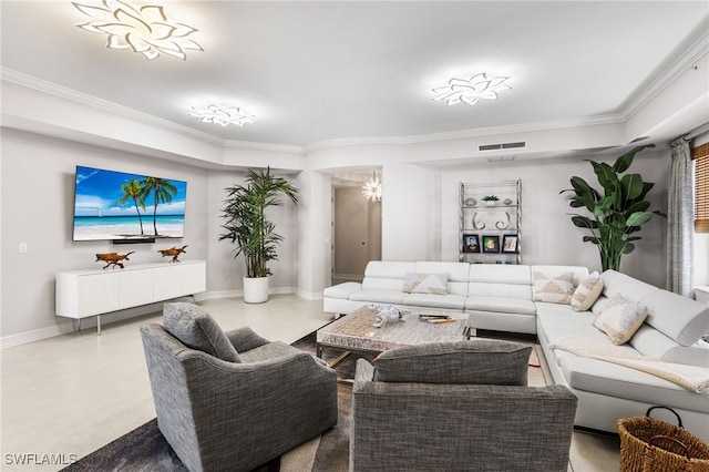 14270 Royal Harbour Ct Unit 920, Fort Myers, FL 33908 - living area featuring ornamental molding, baseboards, and a chandelier