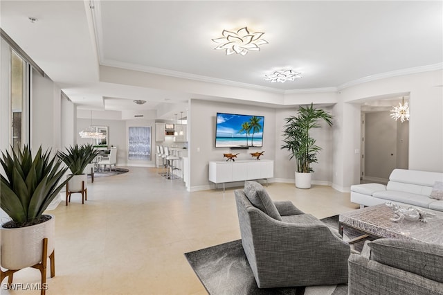14270 Royal Harbour Ct Unit 920, Fort Myers, FL 33908 - living area featuring a chandelier, ornamental molding, tile patterned flooring, and baseboards