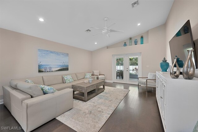 607 92nd Ave N, Naples, FL 34108 - living area with french doors, a ceiling fan, lofted ceiling, dark wood-type flooring, and recessed lighting