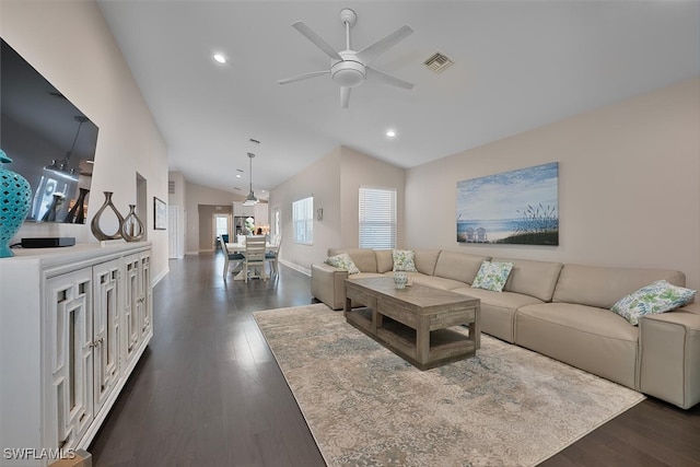607 92nd Ave N, Naples, FL 34108 - living room with vaulted ceiling, a ceiling fan, dark wood-style flooring, baseboards, and recessed lighting