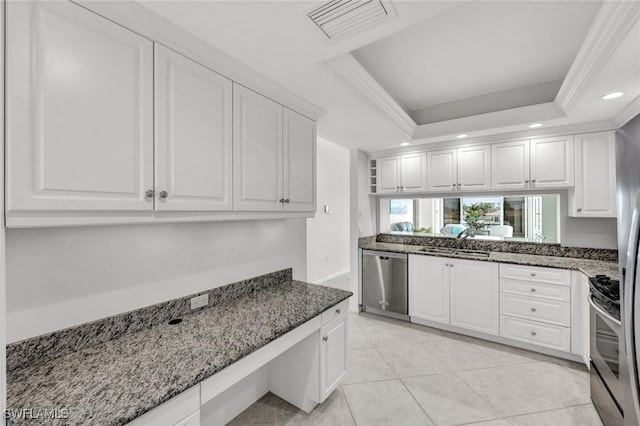 255 Park Shore Dr Unit 3-341, Naples, FL 34103 - kitchen with stainless steel appliances, a sink, white cabinetry, dark stone counters, and recessed lighting