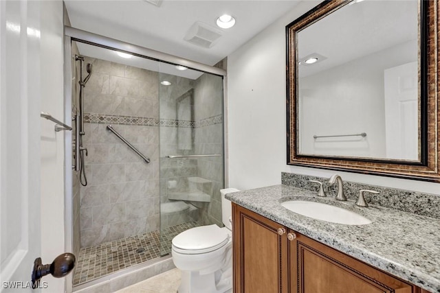 255 Park Shore Dr Unit 3-341, Naples, FL 34103 - full bath with a shower stall, toilet, vanity, recessed lighting, and tile patterned flooring
