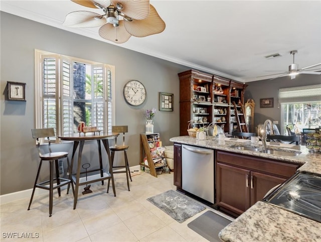 13708 Collina Ct, Estero, FL 33928 - kitchen with dishwasher, a ceiling fan, a sink, crown molding, and black electric range