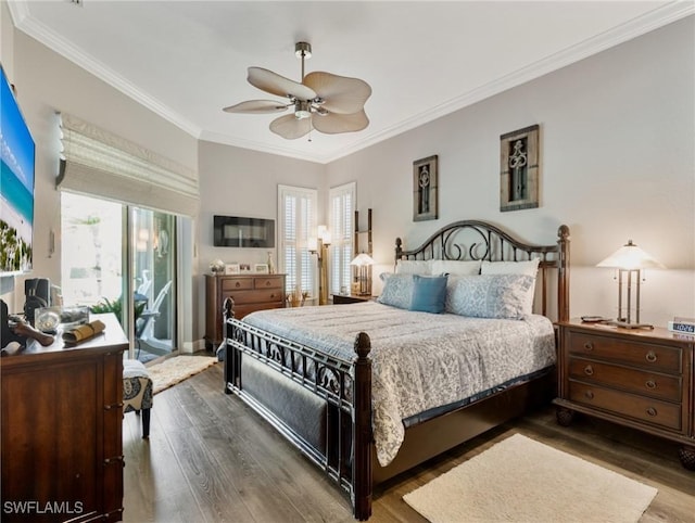 13708 Collina Ct, Estero, FL 33928 - bedroom featuring dark wood-type flooring, multiple windows, ornamental molding, and a ceiling fan