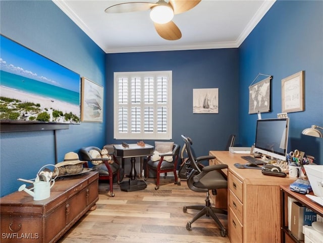 13708 Collina Ct, Estero, FL 33928 - home office with wood finished floors, a ceiling fan, and crown molding
