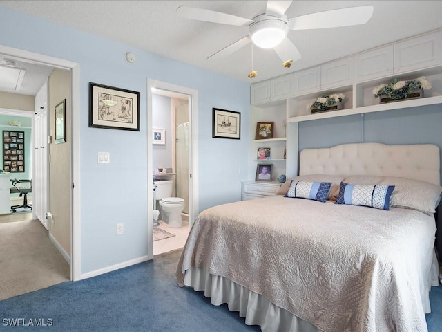 112 Marco Villas Dr Unit U2, Marco Island, FL 34145 - bedroom with carpet floors, baseboards, connected bathroom, and a ceiling fan