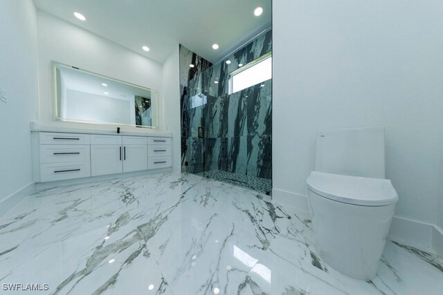 341 NE 31st Ter, Cape Coral, FL 33909 - bathroom featuring a marble finish shower, baseboards, toilet, vanity, and recessed lighting