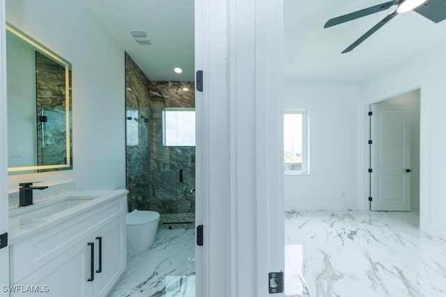 341 NE 31st Ter, Cape Coral, FL 33909 - full bathroom featuring marble look tiles, a marble finish shower, vanity, and ceiling fan