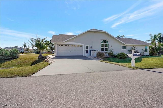 2128 SW 8th Ct, Cape Coral, FL 33991 - ranch-style home with a front yard, an attached garage, driveway, and stucco siding