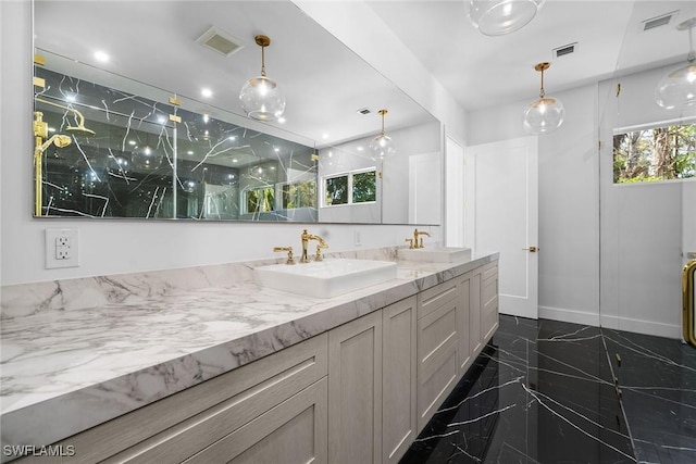 4440 15th Ave SW, Naples, FL 34116 - bathroom with double vanity, marble tiled flooring, baseboards, and recessed lighting