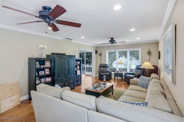 240 Palm River Blvd Unit C202, Naples, FL 34110 - living room featuring ceiling fan, recessed lighting, ornamental molding, light wood-type flooring, and baseboards