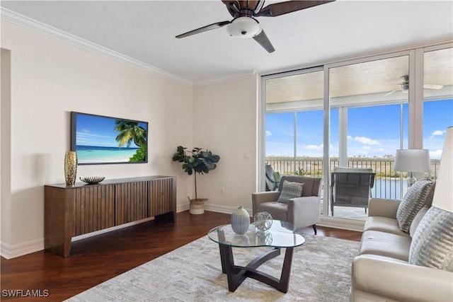 12701 Mastique Beach Blvd Unit 603, Fort Myers, FL 33908 - living room featuring ceiling fan, baseboards, wood finished floors, and ornamental molding
