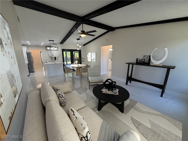 3206 SW 1st Ave, Cape Coral, FL 33914 - living room featuring ceiling fan, baseboards, light marble finish flooring, and recessed lighting