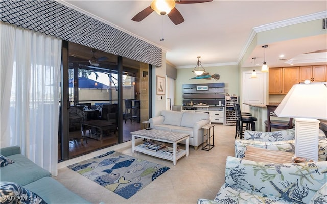 5704 Cape Harbour Dr Unit 105, Cape Coral, FL 33914 - living area featuring a ceiling fan, ornamental molding, light tile patterned floors, and wine cooler