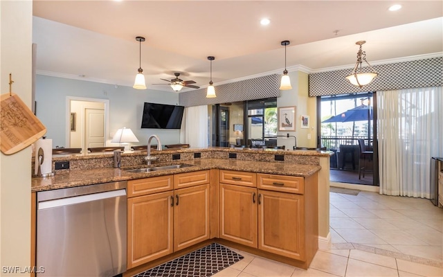 5704 Cape Harbour Dr Unit 105, Cape Coral, FL 33914 - kitchen featuring stainless steel dishwasher, a sink, ornamental molding, light tile patterned floors, and dark stone countertops