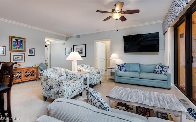 5704 Cape Harbour Dr Unit 105, Cape Coral, FL 33914 - living area featuring light tile patterned floors, ornamental molding, and a ceiling fan