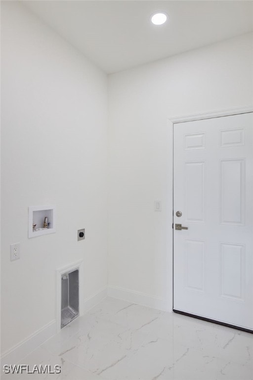 2809 54th St W, Lehigh Acres, FL 33971 - laundry room with marble look tiles, hookup for a washing machine, baseboards, hookup for an electric dryer, and recessed lighting