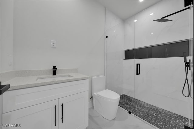 373 El Dorado Blvd S, Cape Coral, FL 33991 - bathroom featuring marble look tiles, a marble finish shower, toilet, vanity, and recessed lighting