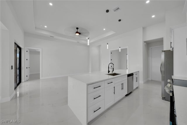 373 El Dorado Blvd S, Cape Coral, FL 33991 - kitchen featuring a sink, stainless steel appliances, light marble finish floors, recessed lighting, and an island with sink