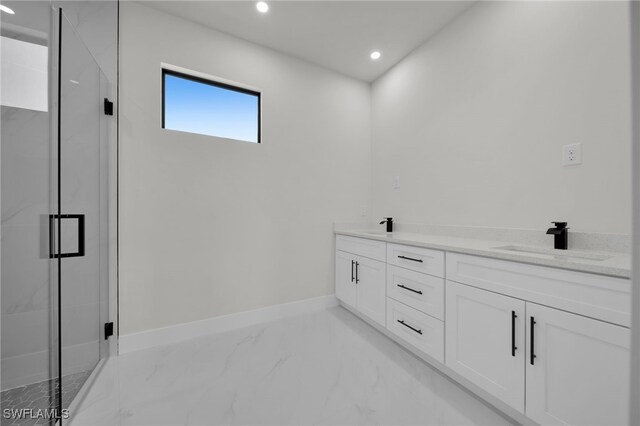 373 El Dorado Blvd S, Cape Coral, FL 33991 - bathroom with marble look tile flooring, a marble finish shower, recessed lighting, and double vanity