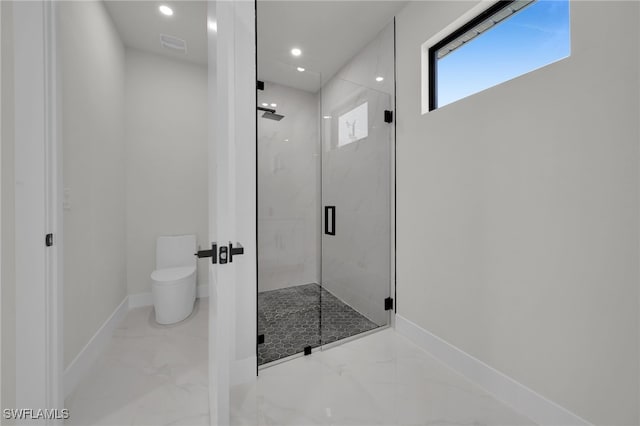 373 El Dorado Blvd S, Cape Coral, FL 33991 - bathroom featuring marble tiled floors, a marble finish shower, baseboards, and recessed lighting
