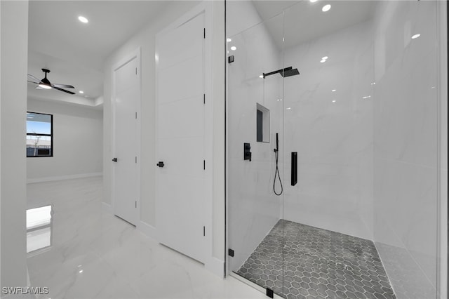 373 El Dorado Blvd S, Cape Coral, FL 33991 - bathroom with marble tiled flooring, recessed lighting, a marble finish shower, and a ceiling fan