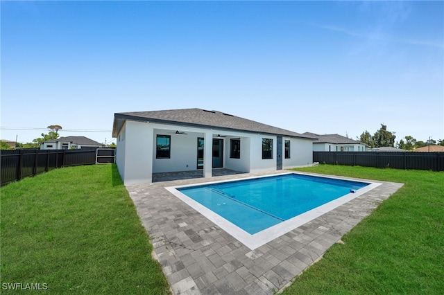 373 El Dorado Blvd S, Cape Coral, FL 33991 - back of property with ceiling fan, stucco siding, a patio, and a shingled roof