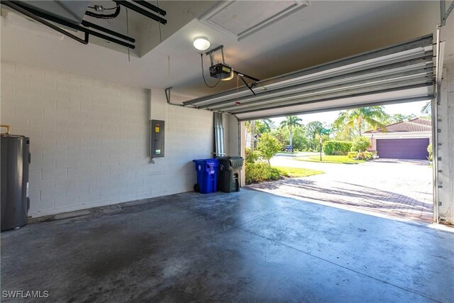 3905 Dunnster Ct, Fort Myers, FL 33916 - garage featuring water heater, electric panel, and a garage door opener