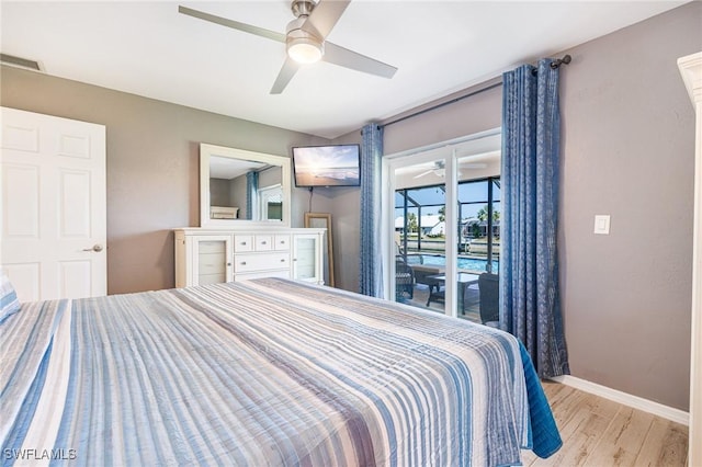 305 SW 8th St, Cape Coral, FL 33991 - bedroom featuring light wood-style floors, baseboards, access to outside, and ceiling fan