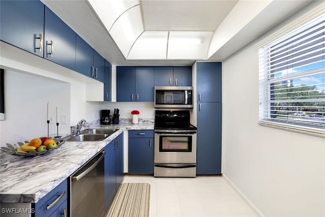129 S Collier Blvd Unit B-206, Marco Island, FL 34145 - kitchen featuring stainless steel appliances, blue cabinetry, a sink, light countertops, and baseboards