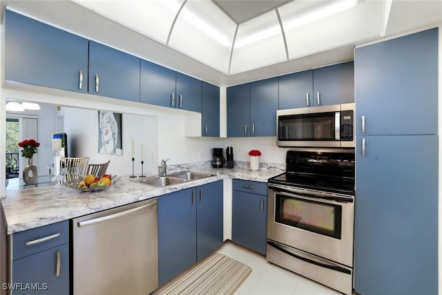 129 S Collier Blvd Unit B-206, Marco Island, FL 34145 - kitchen featuring appliances with stainless steel finishes, blue cabinets, and a sink