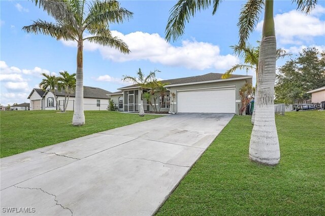 1233 NW 26th Pl, Cape Coral, FL 33993 - ranch-style home featuring concrete driveway, an attached garage, a front yard, and stucco siding