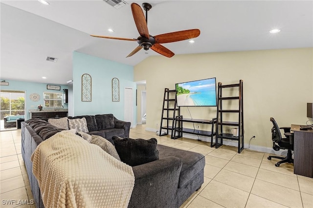 1233 NW 26th Pl, Cape Coral, FL 33993 - living room featuring light tile patterned floors, lofted ceiling, an office area, a ceiling fan, and recessed lighting