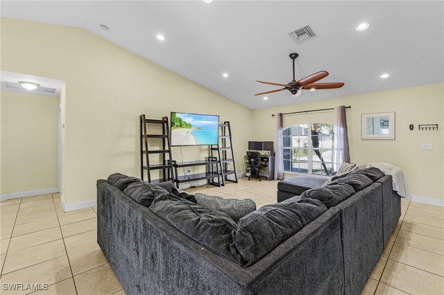 1233 NW 26th Pl, Cape Coral, FL 33993 - living room featuring lofted ceiling, light tile patterned floors, recessed lighting, baseboards, and a ceiling fan