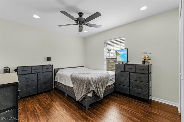 1233 NW 26th Pl, Cape Coral, FL 33993 - bedroom featuring wood finished floors, recessed lighting, and a ceiling fan