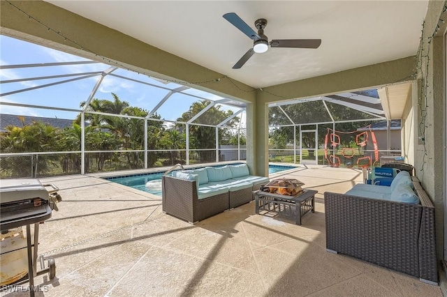 1233 NW 26th Pl, Cape Coral, FL 33993 - swimming pool featuring an outdoor living space with a fire pit, a patio area, area for grilling, a lanai, and a ceiling fan