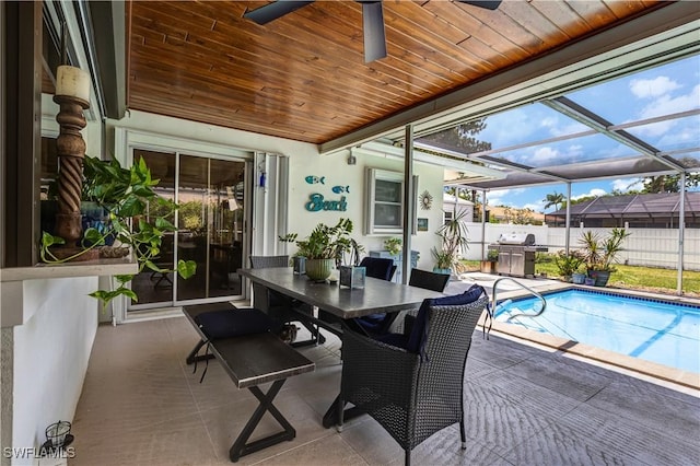 5692 Eichen Cir W, Fort Myers, FL 33919 - view of pool featuring a patio, grilling area, ceiling fan, glass enclosure, and outdoor dining space