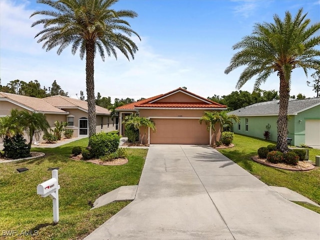 13180 SW Pembroke Cir, Lake Suzy, FL 34269 - view of front facade with stucco siding, driveway, a front yard, an attached garage, and a tile roof