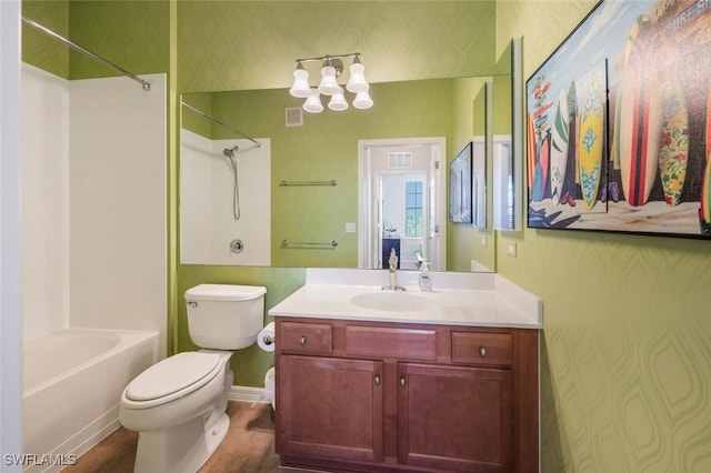 11741 Pasetto Ln Unit 403, Fort Myers, FL 33908 - full bath featuring wallpapered walls, toilet, tub / shower combination, vanity, and a chandelier
