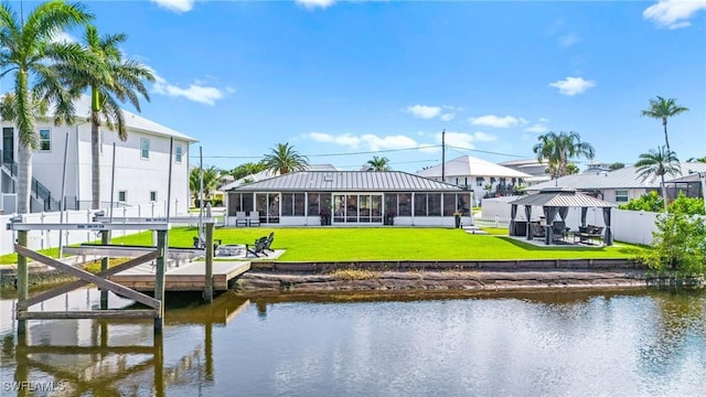 6212 Cocos Dr, Fort Myers, FL 33908 - dock area with a gazebo, a water view, boat lift, and a residential view