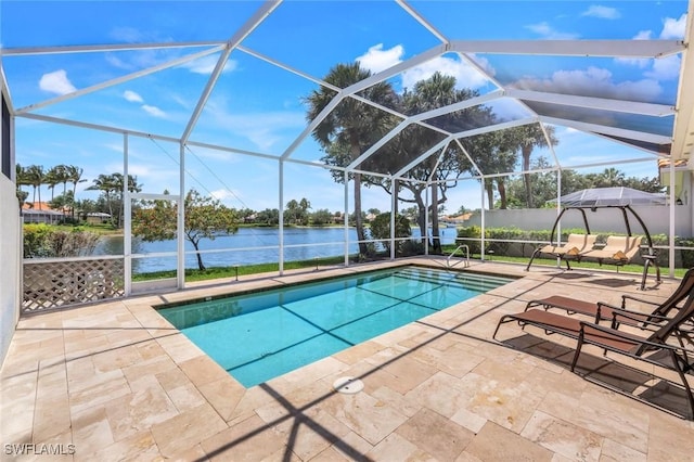 3774 Whidbey Way, Naples, FL 34119 - swimming pool with a water view, a patio, and a lanai