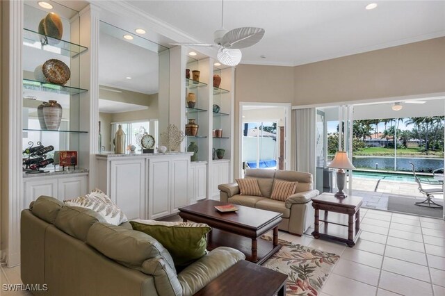 3774 Whidbey Way, Naples, FL 34119 - living room featuring light tile patterned floors, ornamental molding, a ceiling fan, built in shelves, and recessed lighting