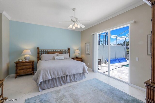 3774 Whidbey Way, Naples, FL 34119 - bedroom with access to exterior, light tile patterned flooring, crown molding, baseboards, and ceiling fan