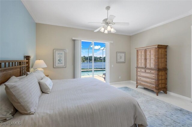 3774 Whidbey Way, Naples, FL 34119 - bedroom featuring access to exterior, ornamental molding, baseboards, ceiling fan, and a water view
