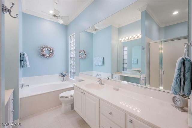 3774 Whidbey Way, Naples, FL 34119 - bathroom featuring crown molding, ceiling fan, a stall shower, a bath, and vanity