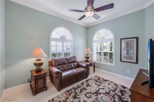 3774 Whidbey Way, Naples, FL 34119 - tiled living room with healthy amount of natural light, ornamental molding, ceiling fan, and baseboards